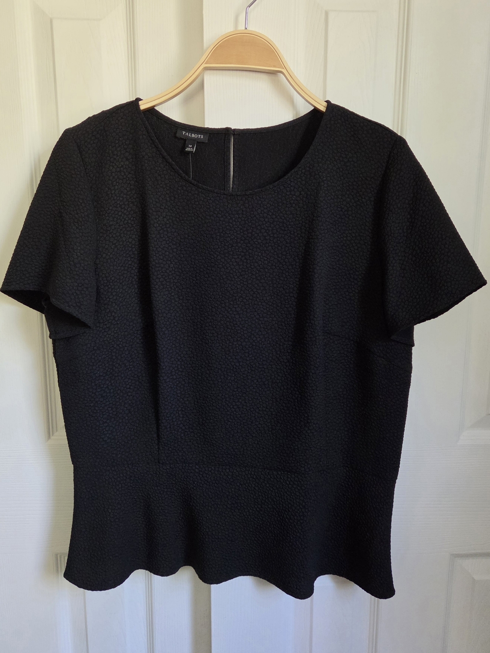 Talbots Black Textured Side Zip Peplum Short Sleeve Blouse, Size 14